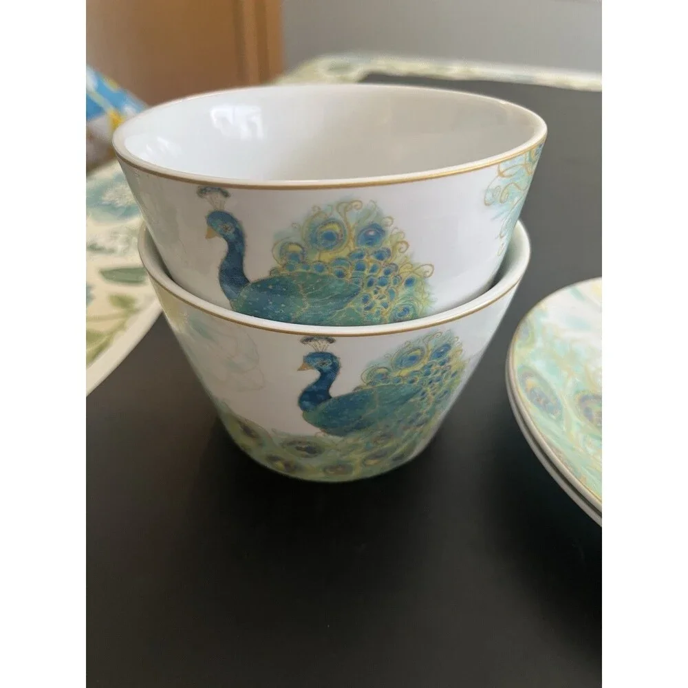 Lakshmi Turquoise Teal Gold Peacock Feathers Bowls Plates  222 Fifth 4pc
